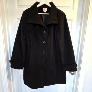 Worthington Coat Trench XL Women's Long Black Button Down Pea Coat Downton Abby